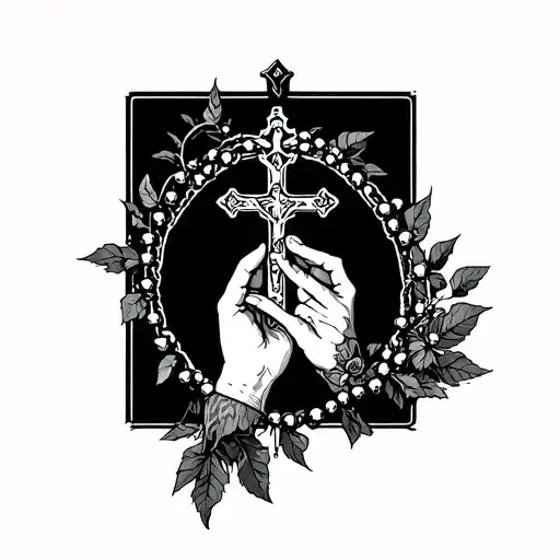 Rosary cross light hands forest sleeve tattoo design idea