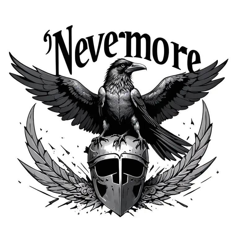 "Nevermore"  a raven sitting on a broken Athena helmet spreading his wings tattoo design idea