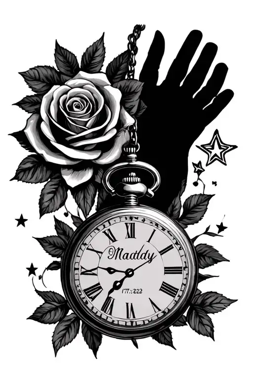 Maddy, 07/12/2023, a pocket watch, roses, 3 stars, the shadow of a father giving the hand to his daughter tattoo design idea