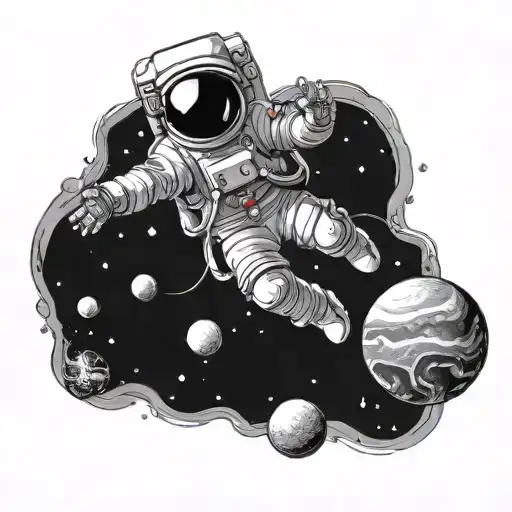 relaxed astronaut floating in space around planets tattoo design idea