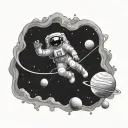 relaxed astronaut floating in space around planets tattoo design idea