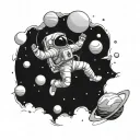 relaxed astronaut floating in space around planets tattoo design idea