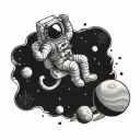 relaxed astronaut floating in space around planets tattoo design idea