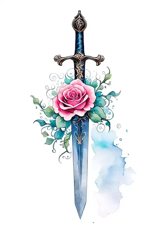 A beautiful and intricate design of the Beauty and the Beast enchanted rose intertwined with the Mulan family sword tattoo design idea