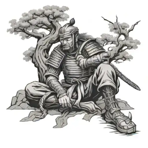 japanese warrior resting under tree tattoo design idea