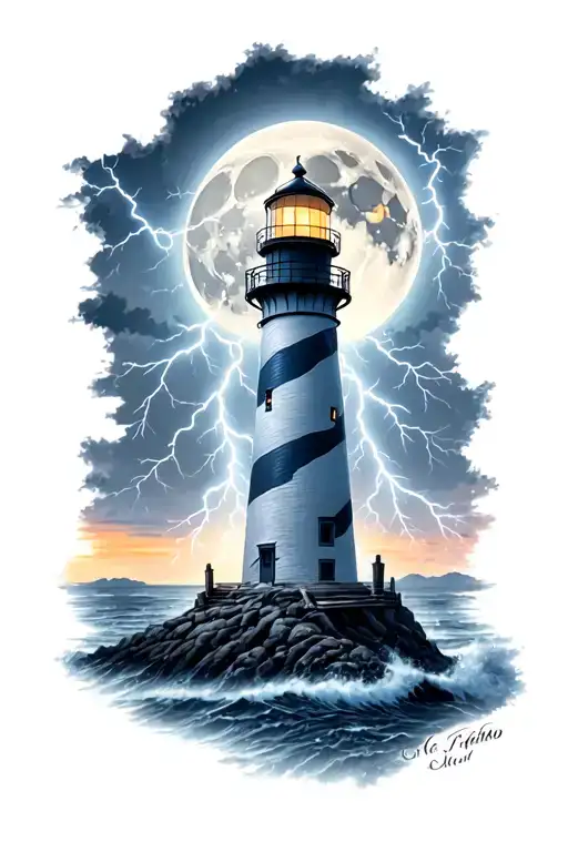 lighthouse in a lightning storm in evening with moon tattoo design idea