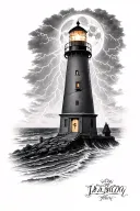 lighthouse in a lightning storm in evening with moon tattoo design idea