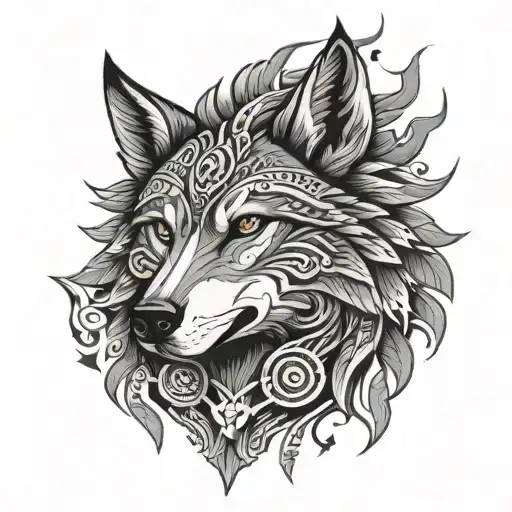 wolf aztec style tattoo design idea