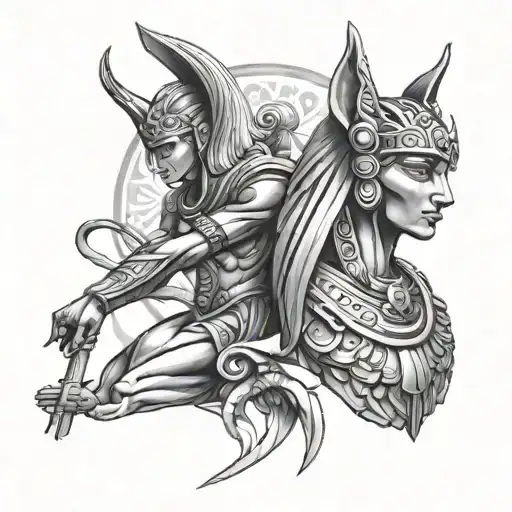 Greek goddess Athena vs Egypt god Anubis tattoo design idea