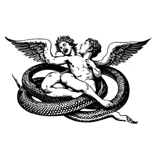 tombstboa constricter wrapped around a dead cupid. snake has it mouth open ready to eat, Cupid's wings broken feathers tattoo design idea