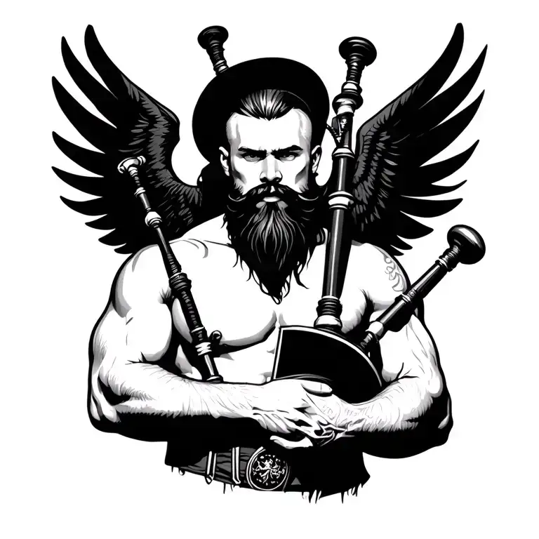 handsome scottish bagpiper bald black beard  muscular wearing pipes in arm big black wings shirtless tattoo tattoo design idea