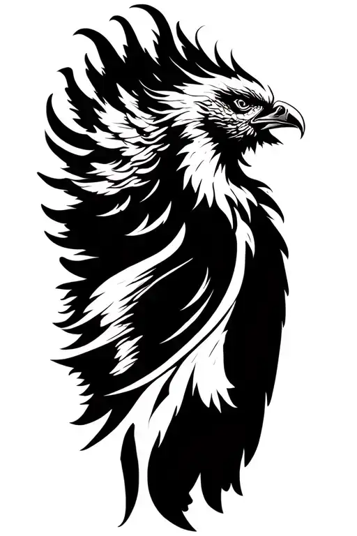Black and white tattoo design of a majestic phoenix in profile (side view), captured in a dynamic pose — not static — wi tattoo design idea