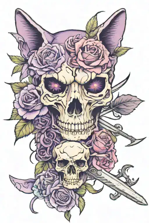 Tattoo with purple roses, one cat skull and one cat head, with three swords tattoo design idea