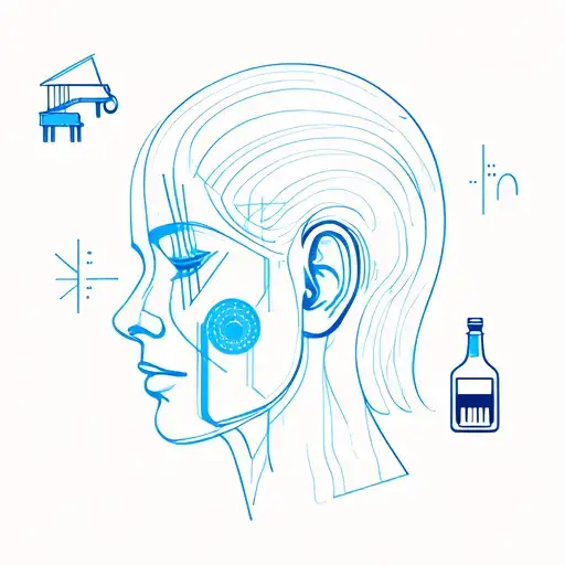 Minimalist head with blue film strips inside, ear pressure lines, plus small piano and alcohol bottle icons nearby. tattoo design idea