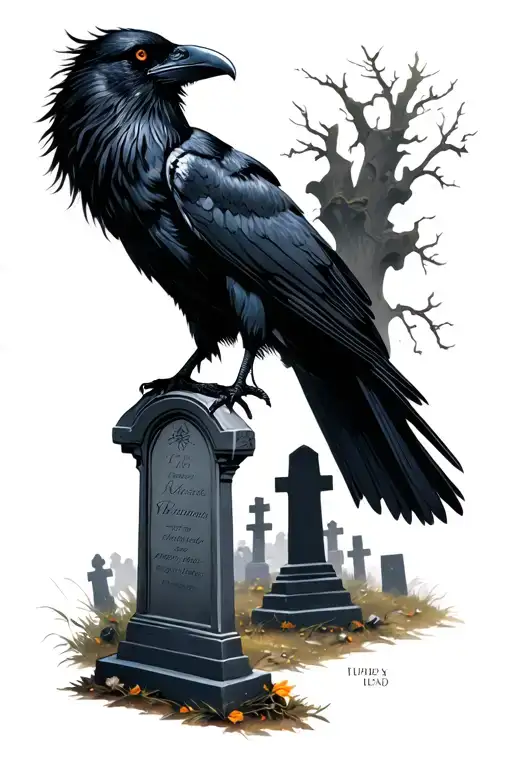 Black raven with a lot of positive but also dark charisma in the cemetery with the tombstone tattoo design idea