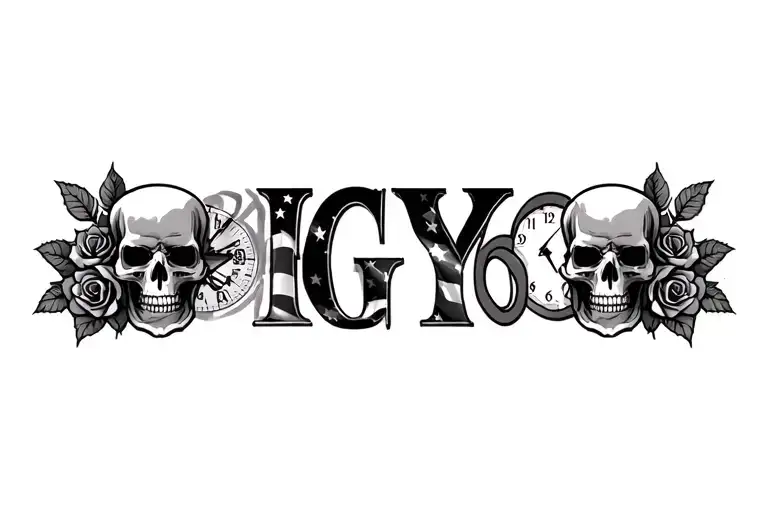Skull, roses, clock, letters 'IGY6' us flag tattoo design idea
