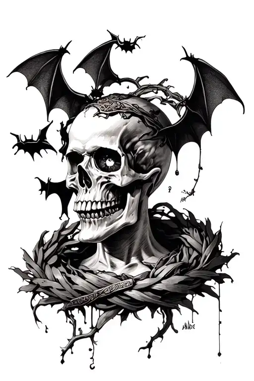 skull with horror in and bats  eyes and roman wreath wrapped and shadow around tattoo design idea