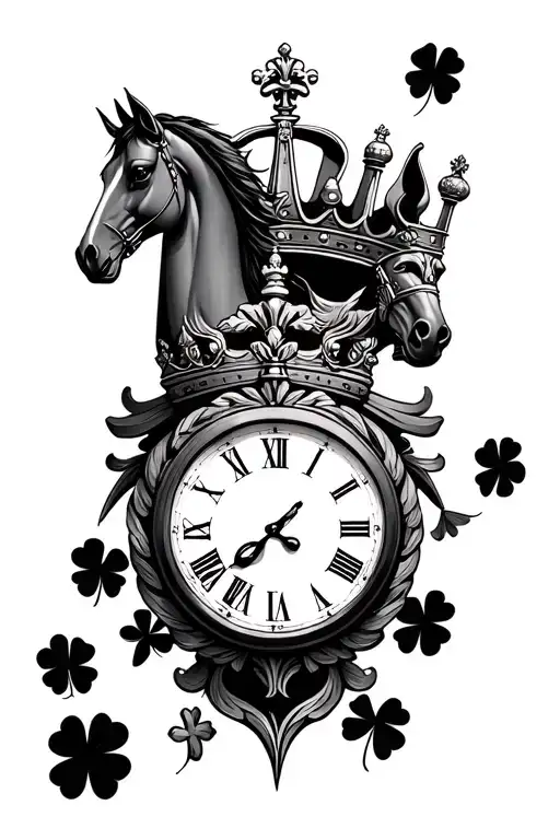 time clock with horse chess piece in middle and king crown on top and surrounded by 4 leaf clovers  tattoo design idea