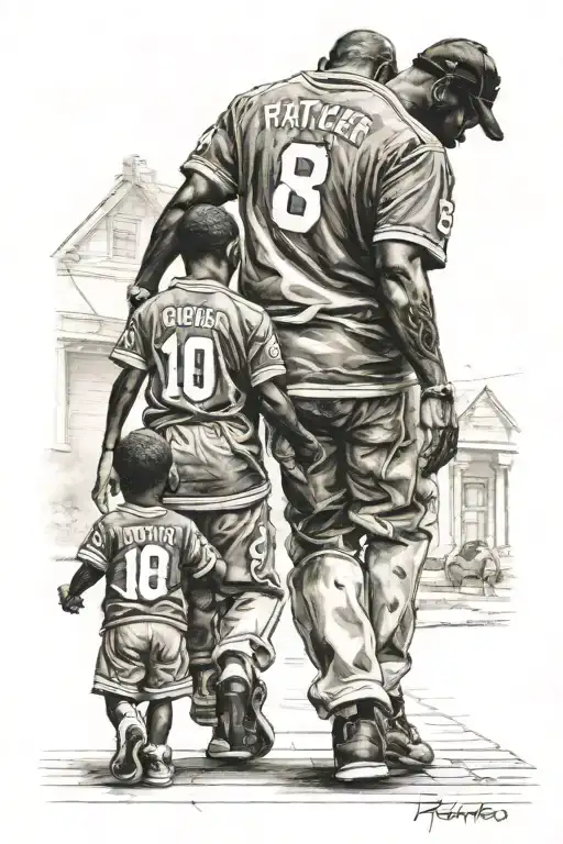 Black father holding son hands walking with matching jerseys on view from behind  tattoo design idea