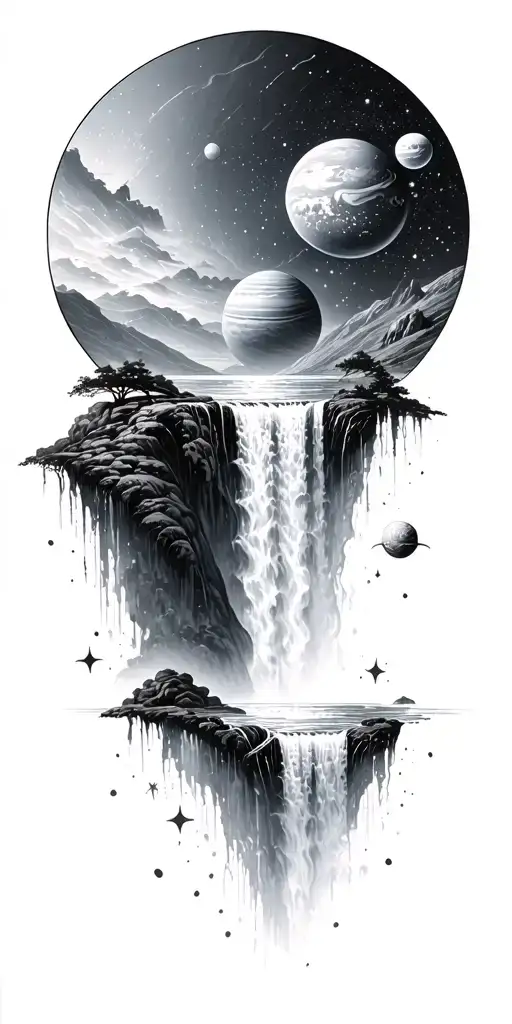 a waterfall with stars and planets tattoo design idea