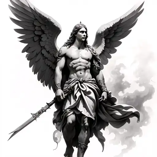 Hyper-realistic black and gray tattoo of a warrior angel inspired by the classic and Renaissance style. The angel uses tattoo design idea