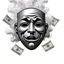 sad happy mask surrounded by smoke with cash money and details throughout tattoo design idea