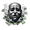 sad happy mask surrounded by smoke with cash money and details throughout tattoo design idea