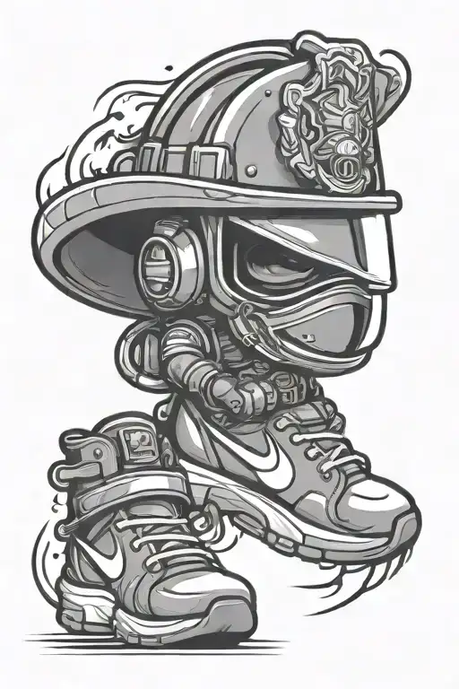 firefighter helmet shield and nike sneakers chibi art tattoo design idea