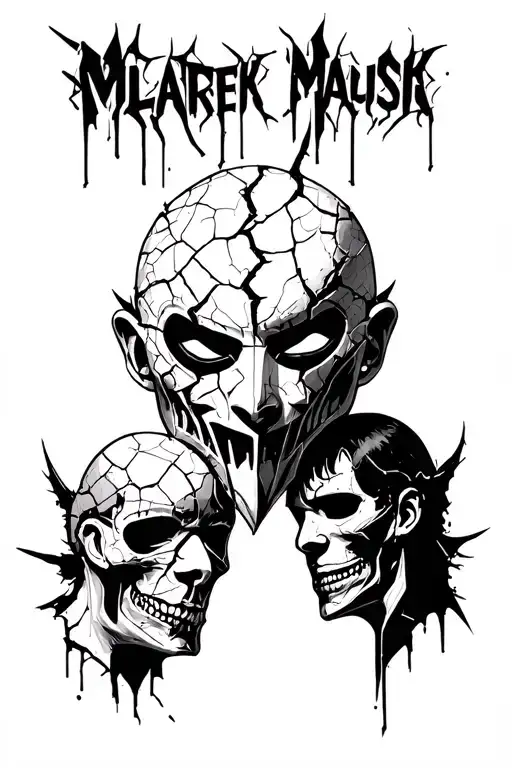 cracked mask with two faces fighting for control tattoo design idea