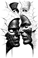 cracked mask with two faces fighting for control tattoo design idea
