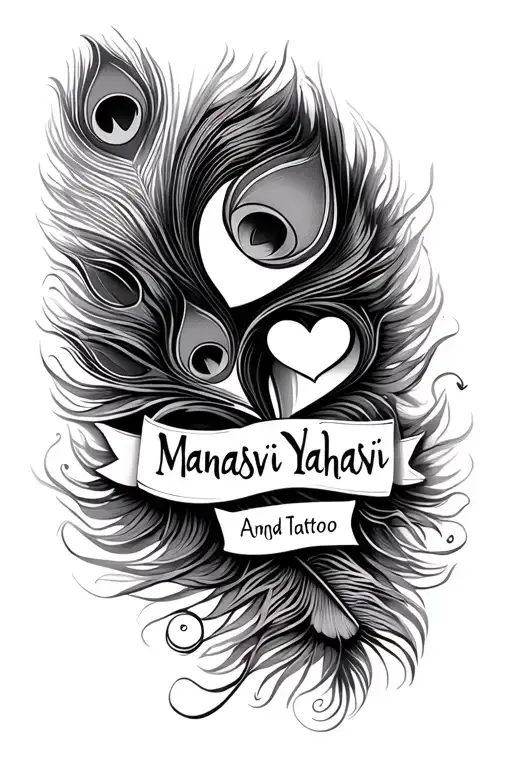 Manasvi and Yashasvi name with little hearts and peacock feather tattoo design idea