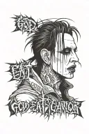 Marilyn Manson, gore, antichrist superstar, with goth text "GOD EAT GOD", evil, showing teeth, minute of decay  tattoo design idea