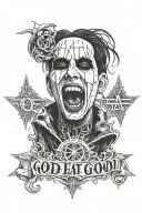 Marilyn Manson, gore, antichrist superstar, with goth text "GOD EAT GOD", evil, showing teeth, minute of decay  tattoo design idea