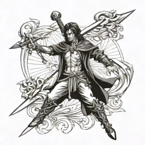 michael arcangel with cross sword piercing tattoo design idea