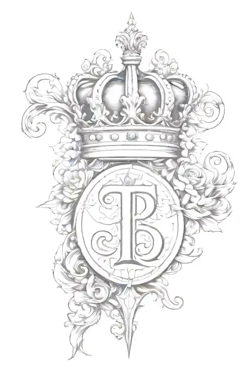 the letter T with a letter R underneath with a crown above it on the left tattoo design idea