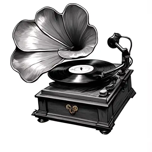 record player with gramophone incorporating country and rock music  tattoo design idea