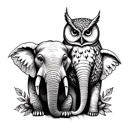 owl and elephant friends tattoo design idea
