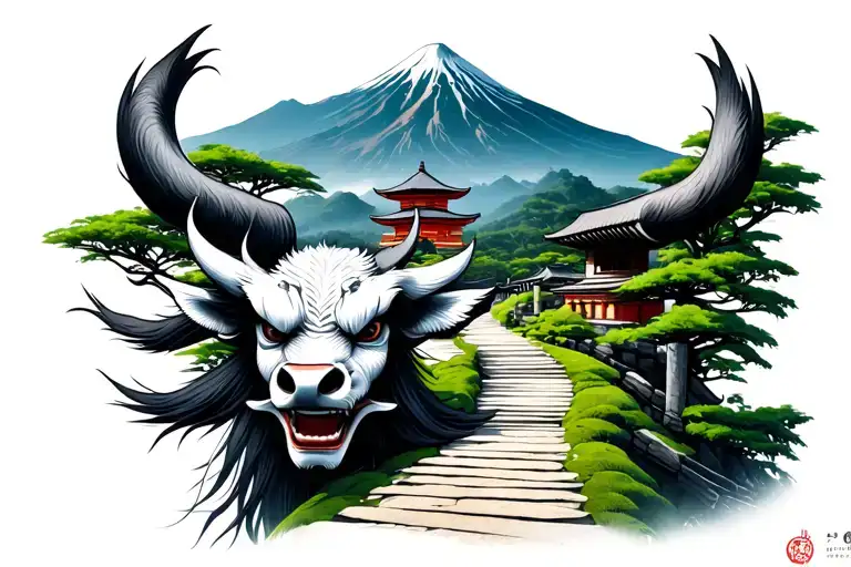 japanese mountain path with temple in distance and dai tengu head 3/4 facing looking down on path. ox herding images on  tattoo design idea
