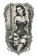realistic scene in woods of a sexy gothic pinup girl waering corset and fishnets  male vampire bitting her neck tattoo design idea