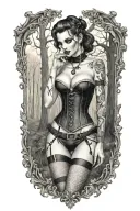 realistic scene in woods of a sexy gothic pinup girl waering corset and fishnets  male vampire bitting her neck tattoo design idea