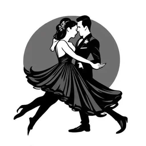 couple dancing together with wedding date tattoo, the man is rotate the woman. the style is modern tattoo design idea