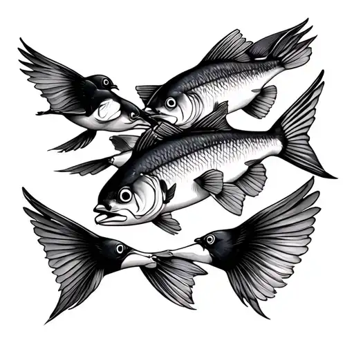 tattoo - 4 fishes for right arm, me, my brother, my mon and dad; 4 birds for left arm, me, my wife and my two daughters. tattoo design idea