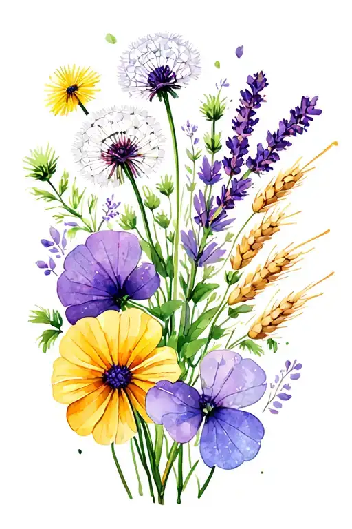Bouquet of wildflowers on the forearm. Dandelion, clover, lavender, wheat. tattoo design idea