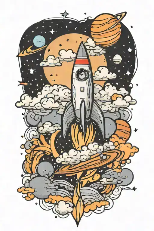 rocket flying in clouds with planets, stars, music notes flowing tattoo design idea