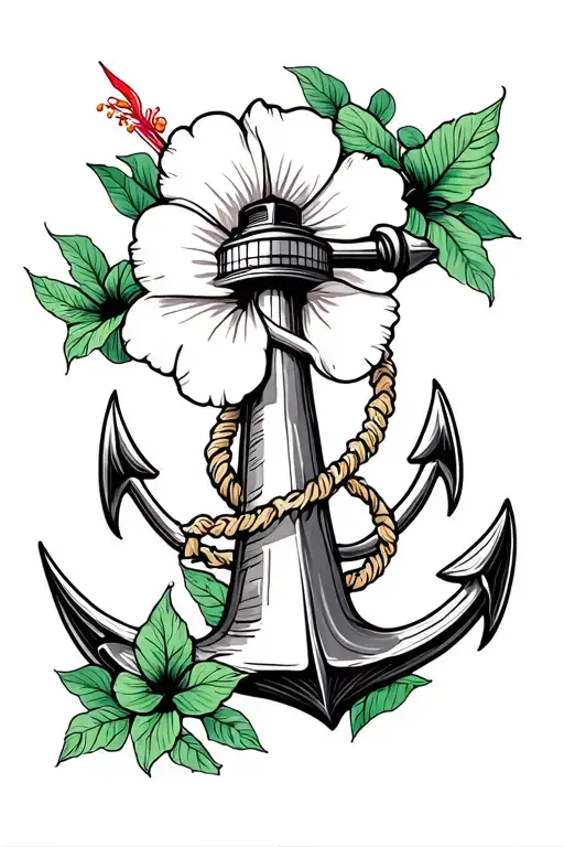 lighthouse with anchor and hibiscus flower tattoo design idea