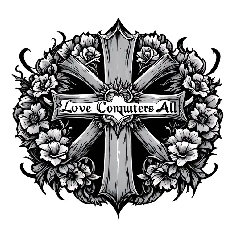 "Love Conquers All" cross adorned tattoo design idea