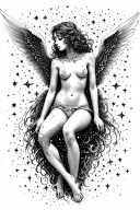 fallen angel in space thin line black and white with detailed face and body. galaxy of stars behind her. tattoo design idea