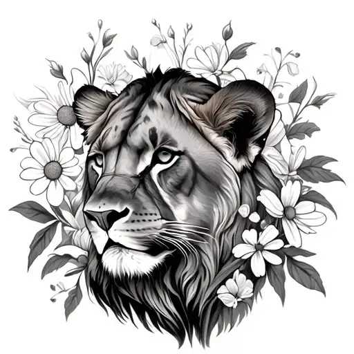 lioness looking to the side surrounded with Asher,rose,daisy, Lilly of the valley flowers  tattoo design idea