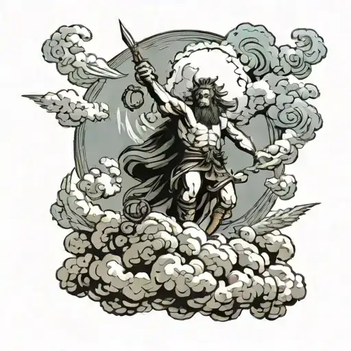 scene where Zeus looms majestically in the clouds, his thunderbolt raised high, casting a powerful gaze over a pirate sh tattoo design idea
