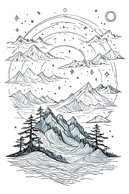 mountains, oceans, stars trees dopamine tattoo design idea